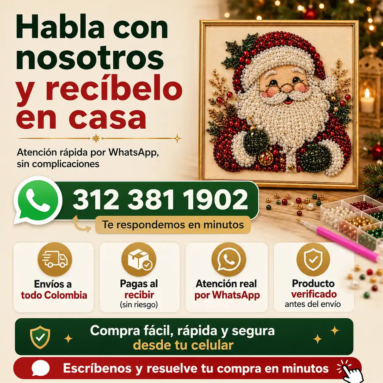 PerlArt® Kit de manualidades navideñas con perlas para crear un cuadro decorativo brillante paso a paso