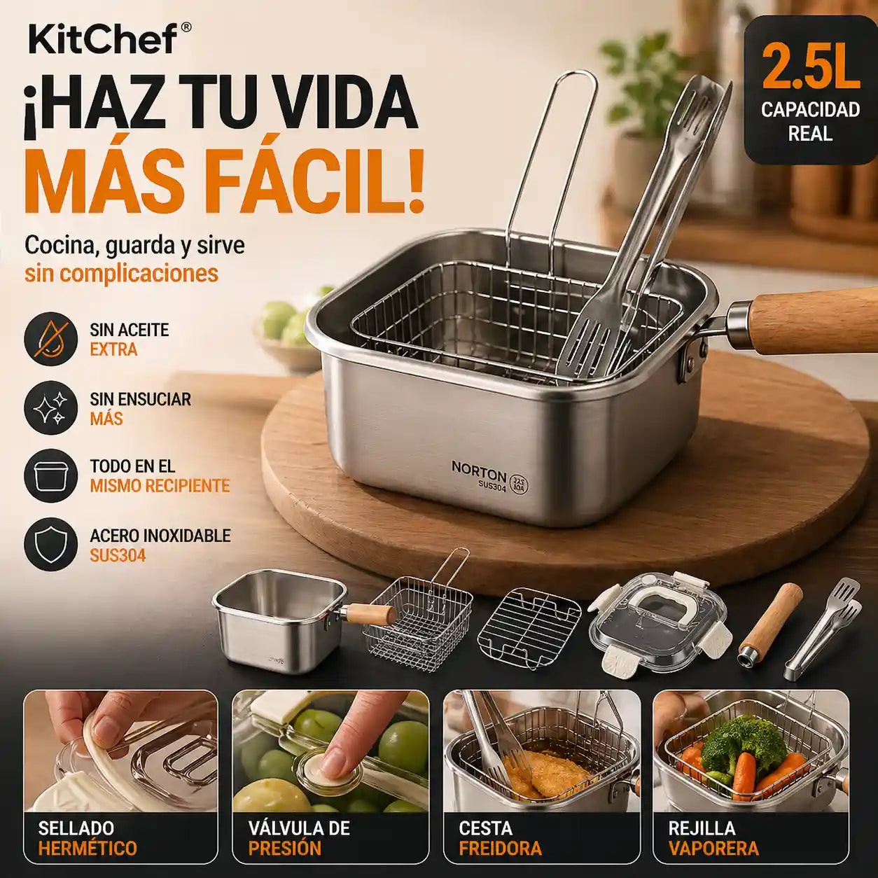 KITCHEF® Olla Cuadrada Acero Con Cesta Y Pinzas 2.5LT