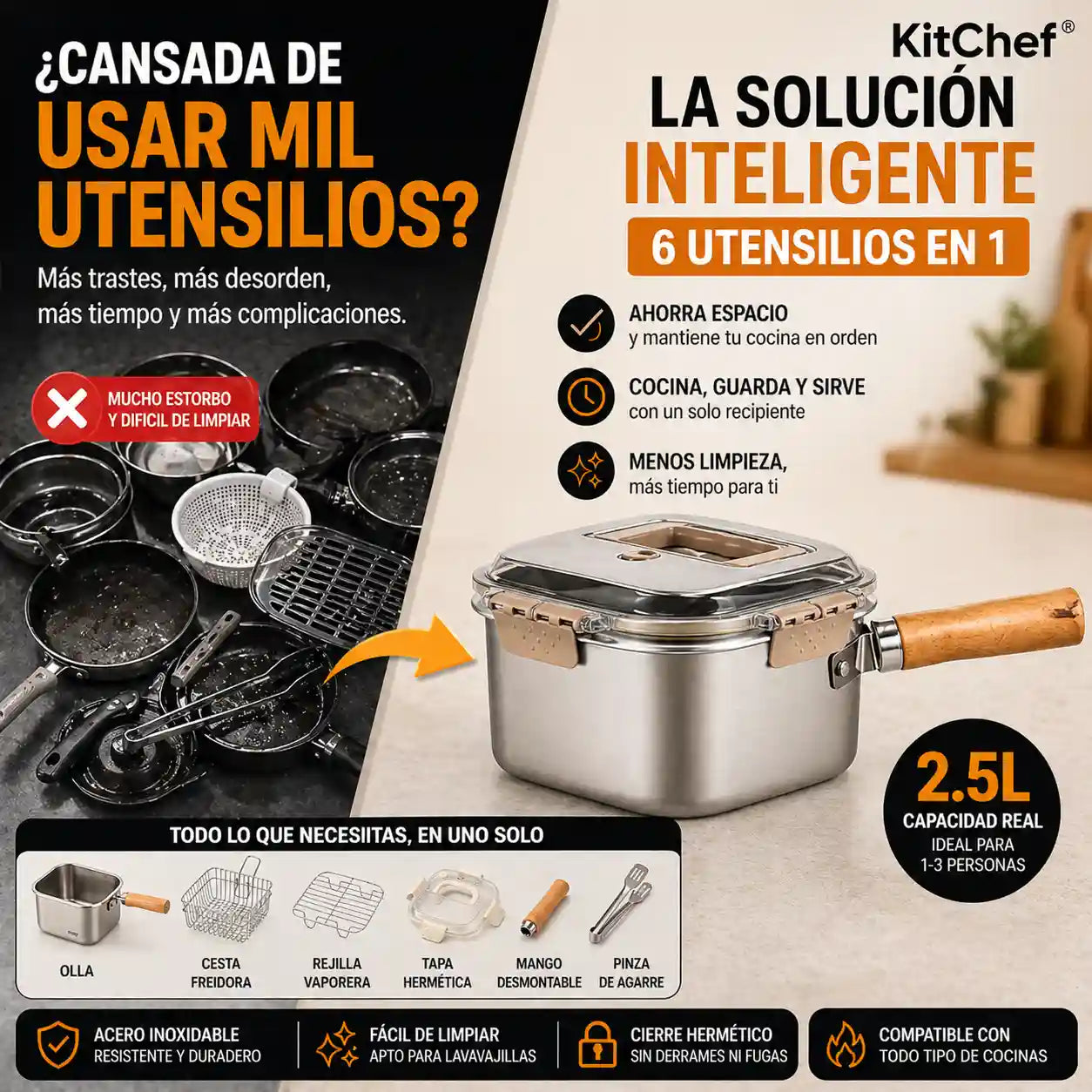 KITCHEF® Olla Cuadrada Acero Con Cesta Y Pinzas 2.5LT