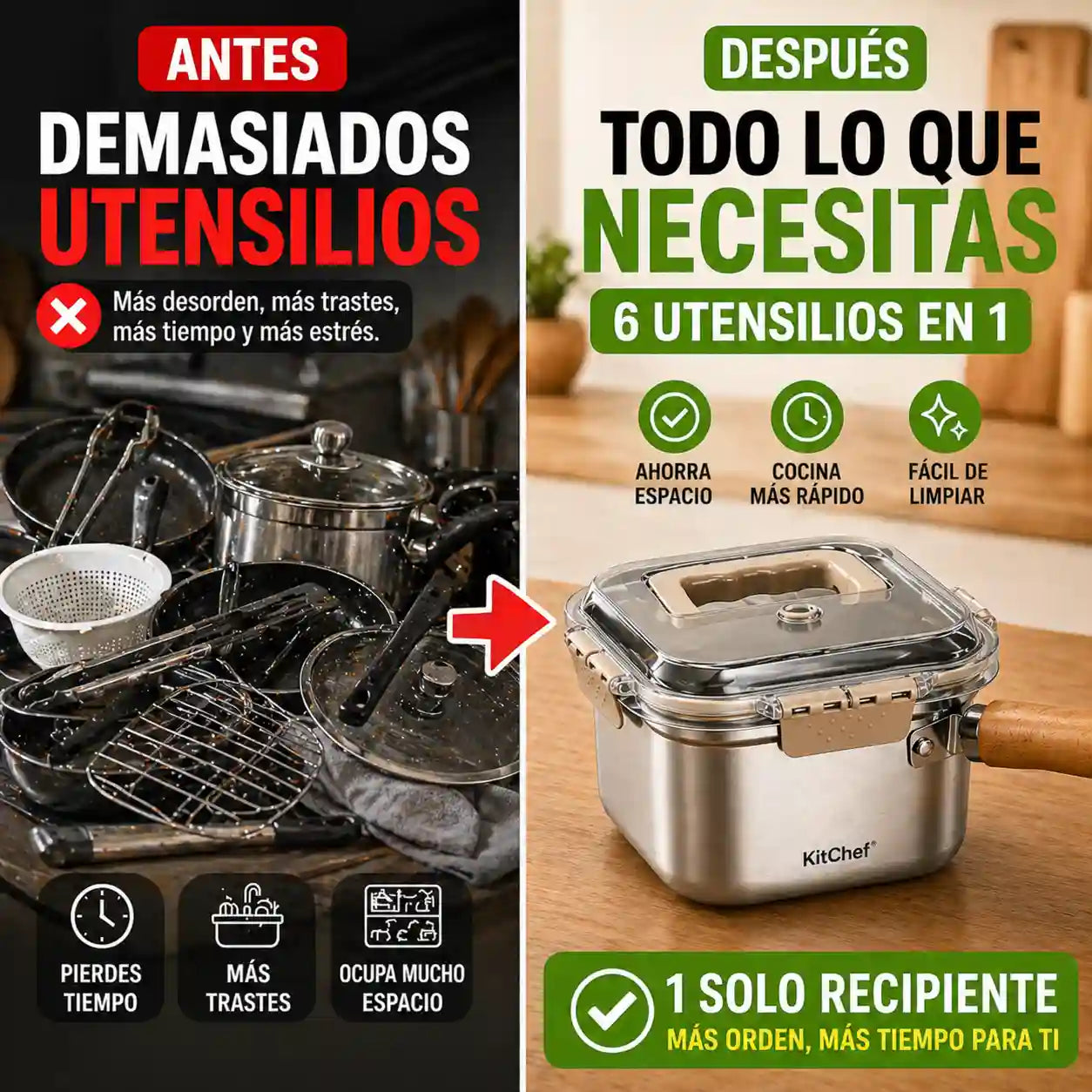 KITCHEF® Olla Cuadrada Acero Con Cesta Y Pinzas 2.5LT