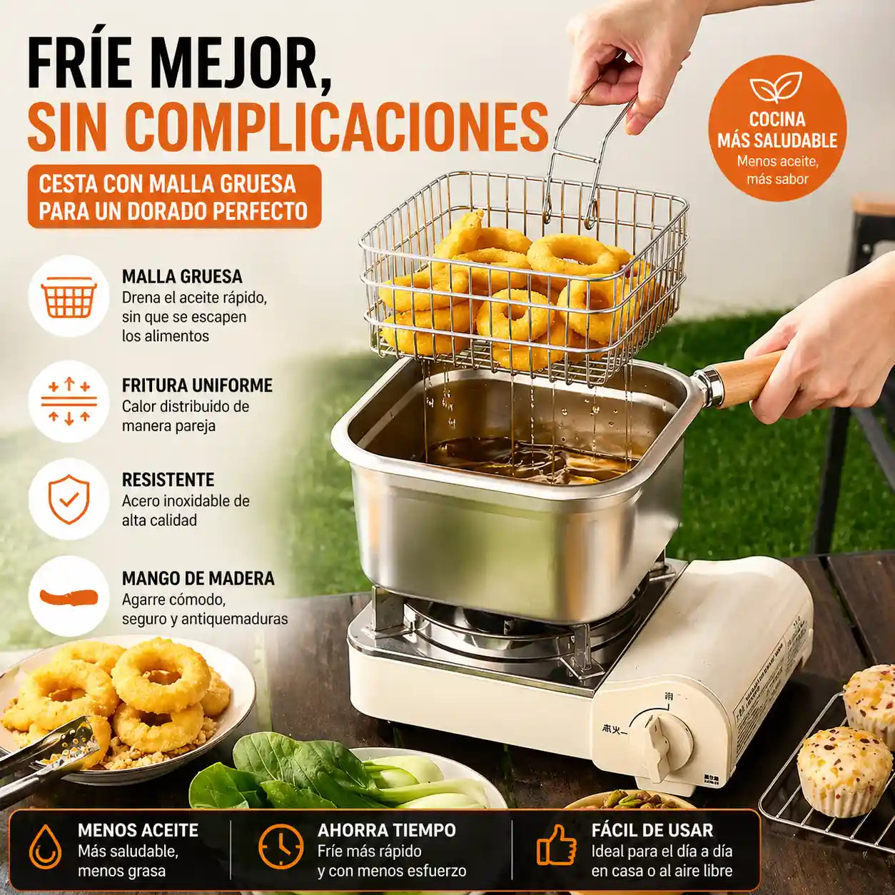 KITCHEF® Olla Cuadrada Acero Con Cesta Y Pinzas 2.5LT
