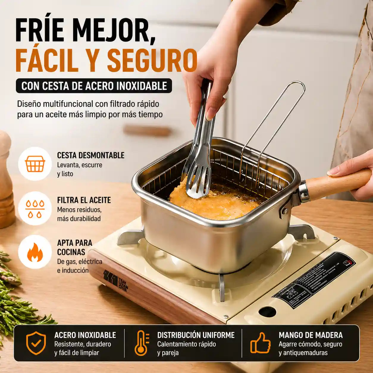 KITCHEF® Olla Cuadrada Acero Con Cesta Y Pinzas 2.5LT