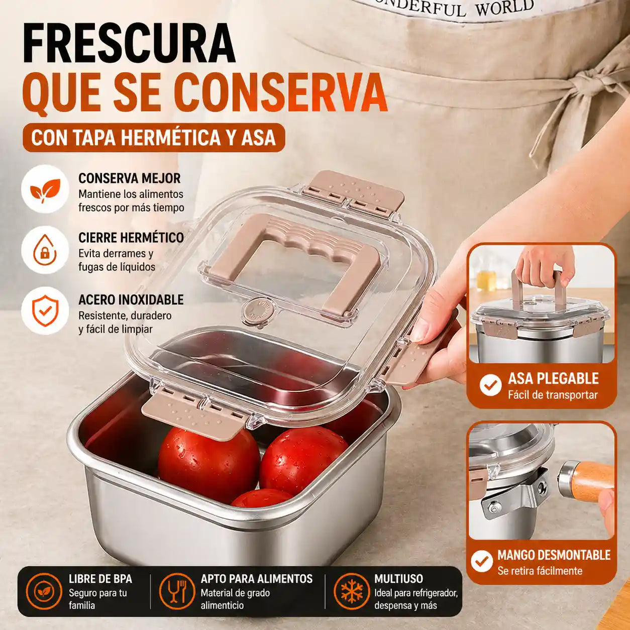 KITCHEF® Olla Cuadrada Acero Con Cesta Y Pinzas 2.5LT