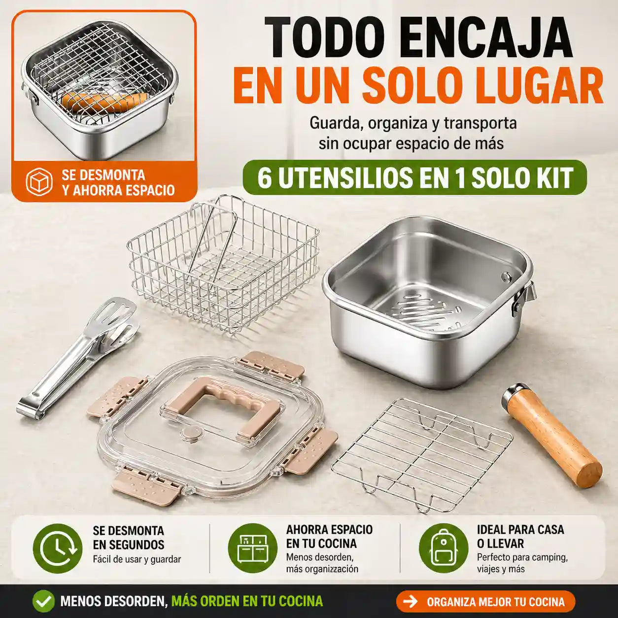 KITCHEF® Olla Cuadrada Acero Con Cesta Y Pinzas 2.5LT