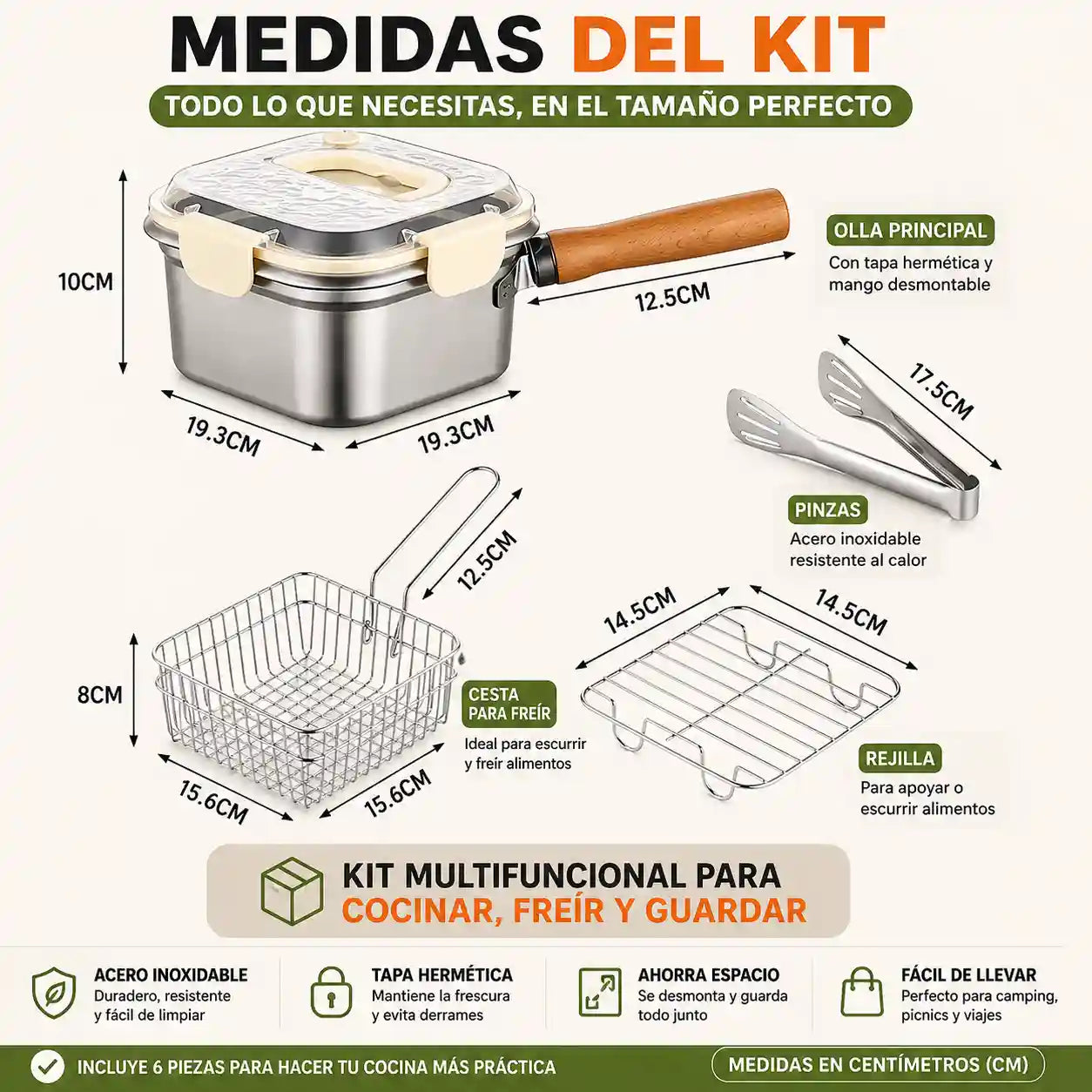 KITCHEF® Olla Cuadrada Acero Con Cesta Y Pinzas 2.5LT