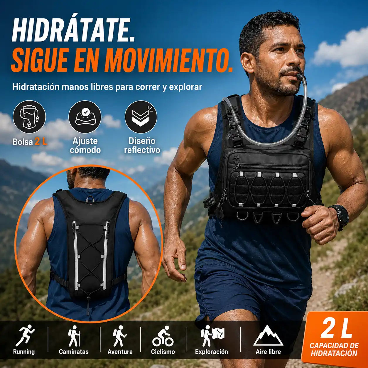 HydraRun® Chaleco de hidratación de 2 litros para correr, pedalear y explorar.