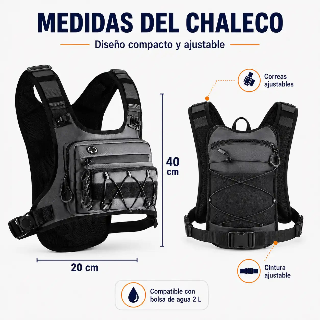 HydraRun® Chaleco de hidratación de 2 litros para correr, pedalear y explorar.