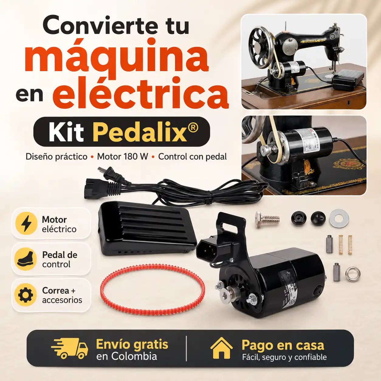 PEDALIX® kit de conversión de máquina de coser a motor eléctrico, reemplaza el accionamiento manual por un sistema eléctrico