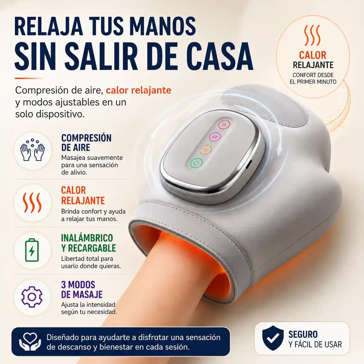 ZEREN® Masajeador de Manos con Compresión de Aire + Calor + Modos Ajustables