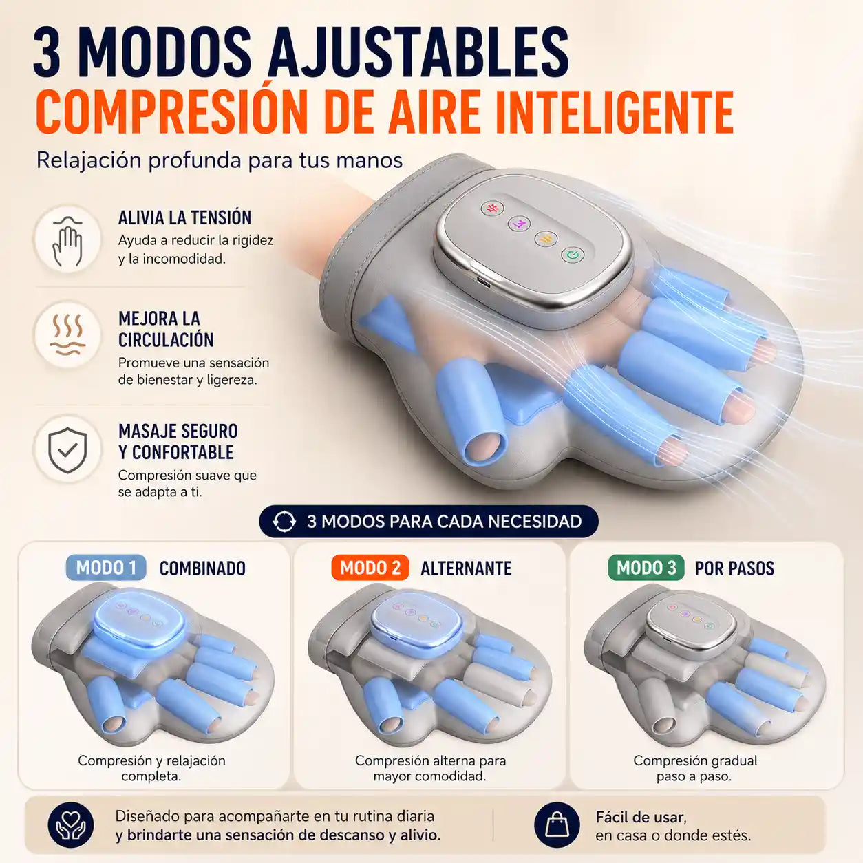 ZEREN® Masajeador de Manos con Compresión de Aire + Calor + Modos Ajustables