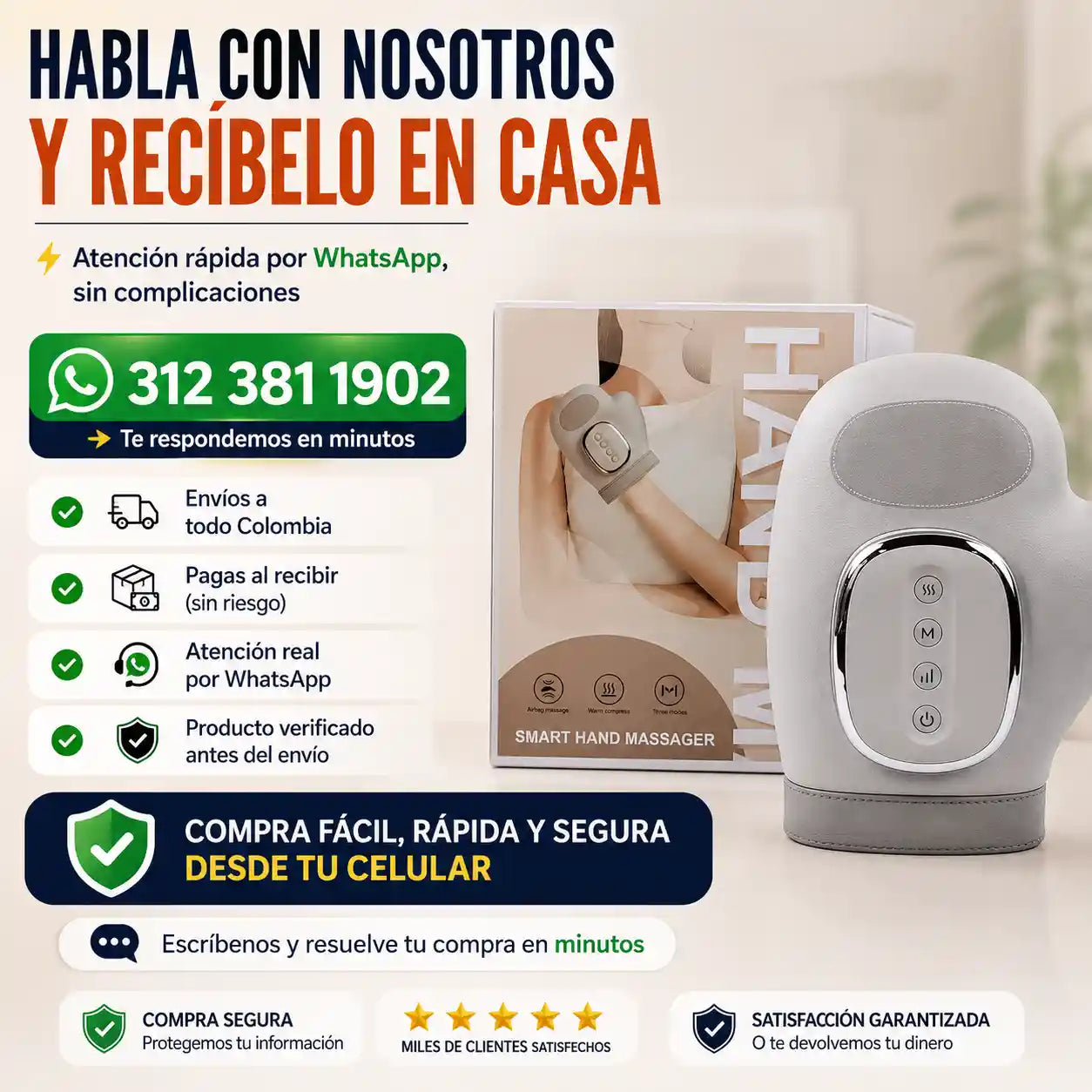 ZEREN® Masajeador de Manos con Compresión de Aire + Calor + Modos Ajustables