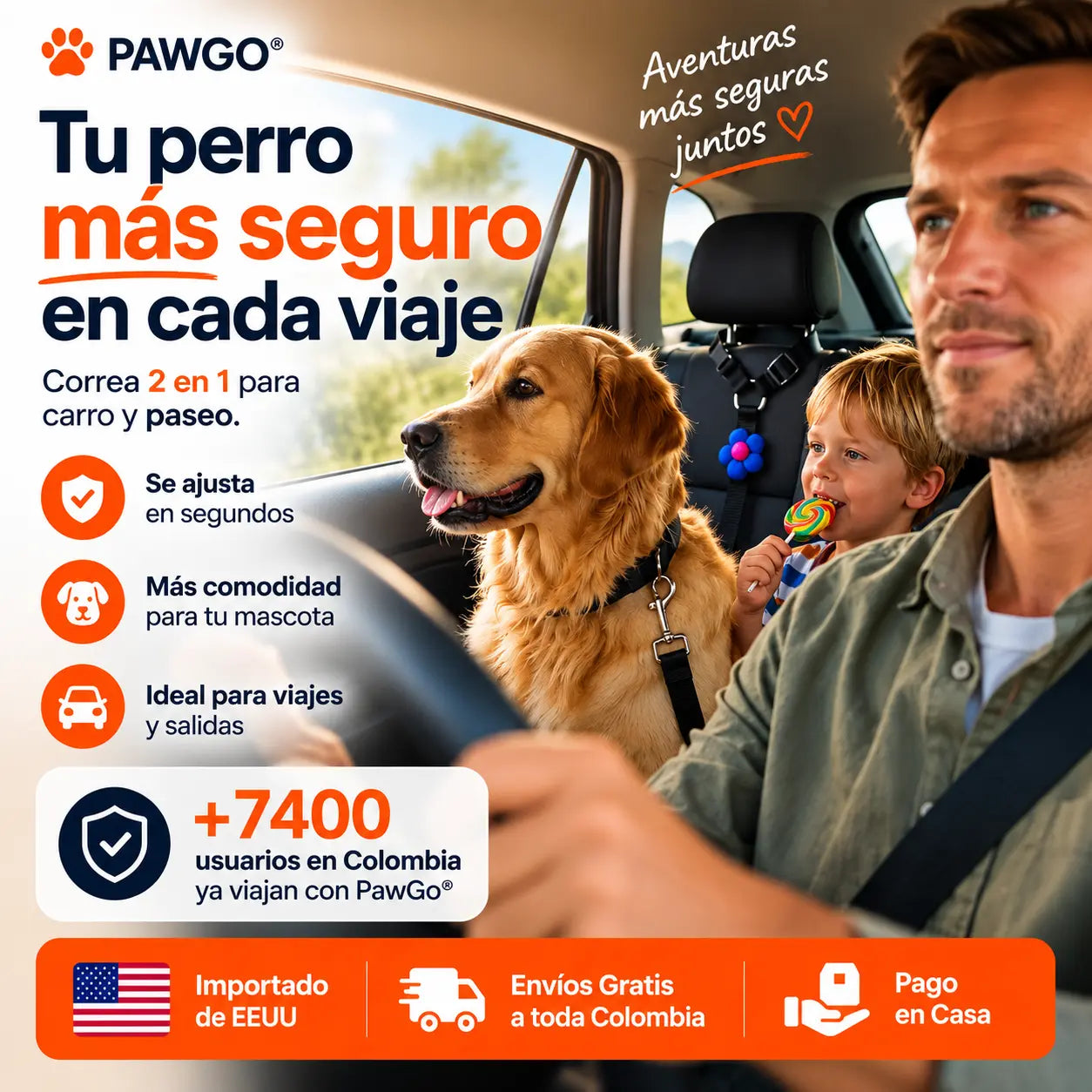 PawGo® Cinturón de seguridad y correa ajustables 2 en 1 para perros