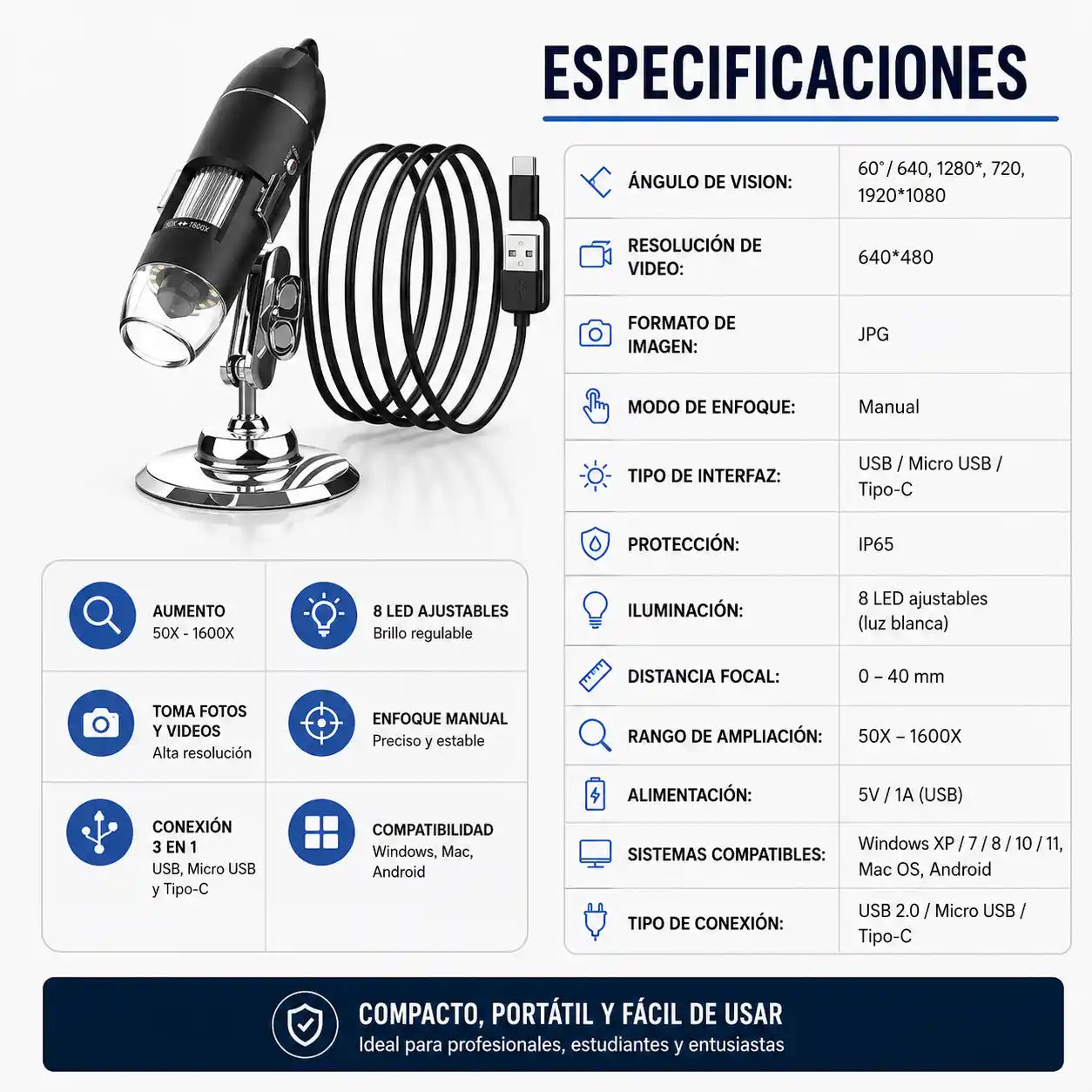 Detallix® Microscopio Digital 1000x Usb Portatil