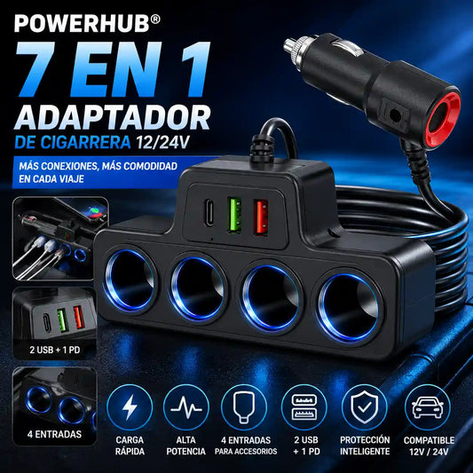 PowerHub® Adaptador Cargador Carro 120W / Carga rápida para hasta 7 dispositivos en A 12V/24V uto