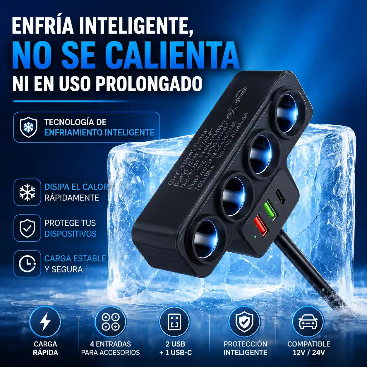 PowerHub® Adaptador Cargador Carro 120W / Carga rápida para hasta 7 dispositivos en A 12V/24V uto