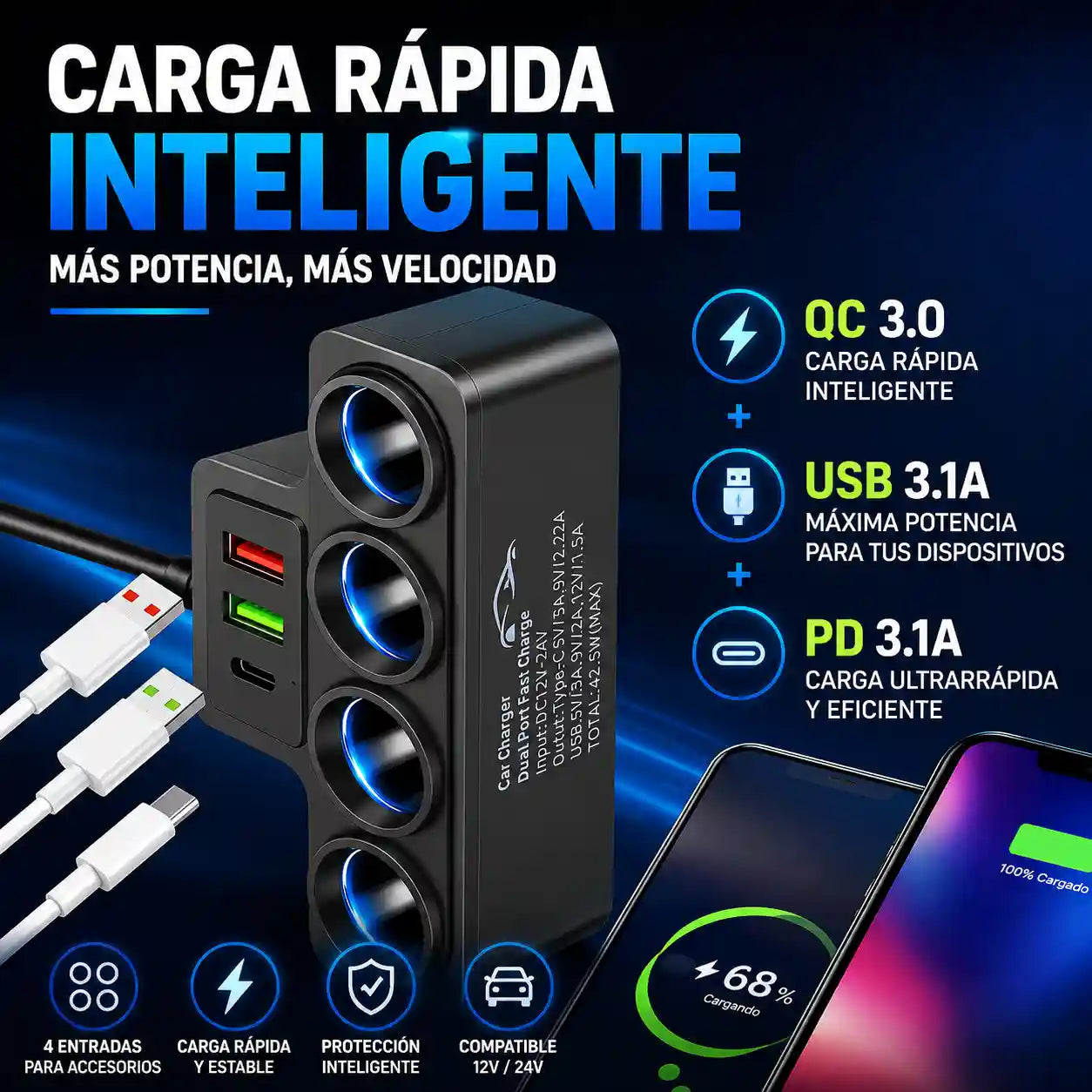 PowerHub® Adaptador Cargador Carro 120W / Carga rápida para hasta 7 dispositivos en A 12V/24V uto