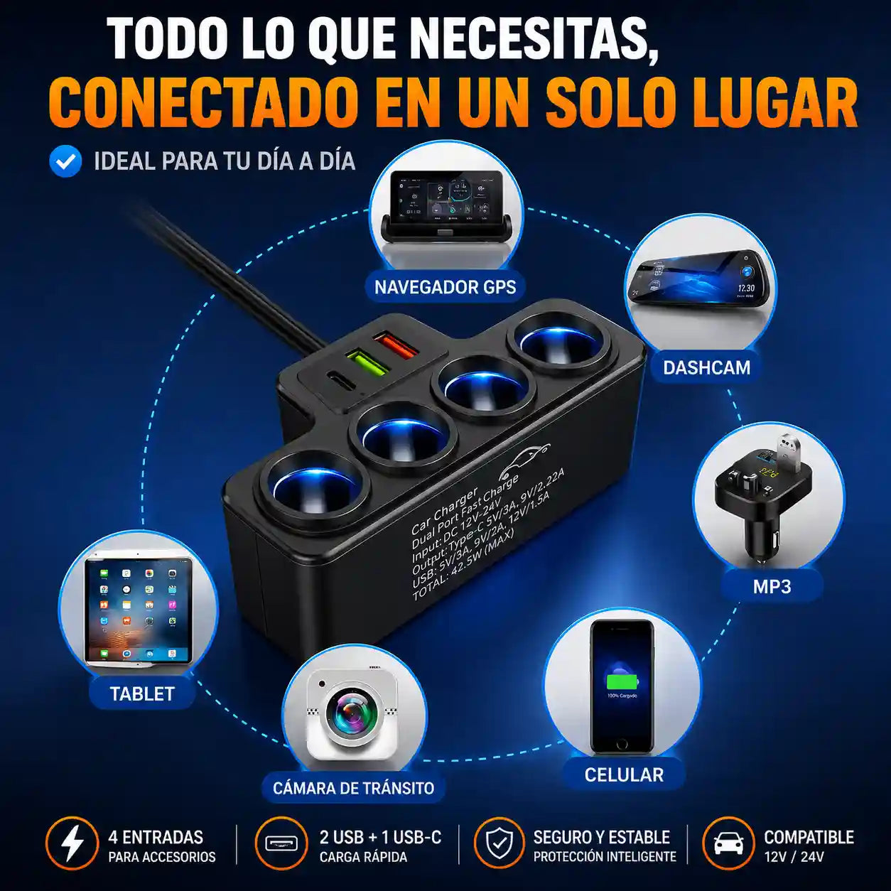 PowerHub® Adaptador Cargador Carro 120W / Carga rápida para hasta 7 dispositivos en A 12V/24V uto