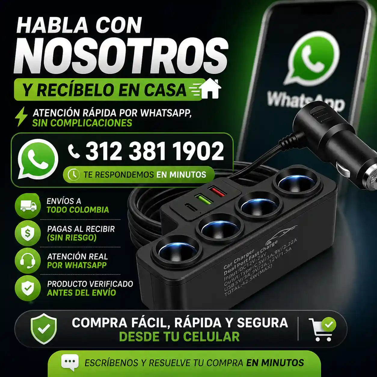 PowerHub® Adaptador Cargador Carro 120W / Carga rápida para hasta 7 dispositivos en A 12V/24V uto