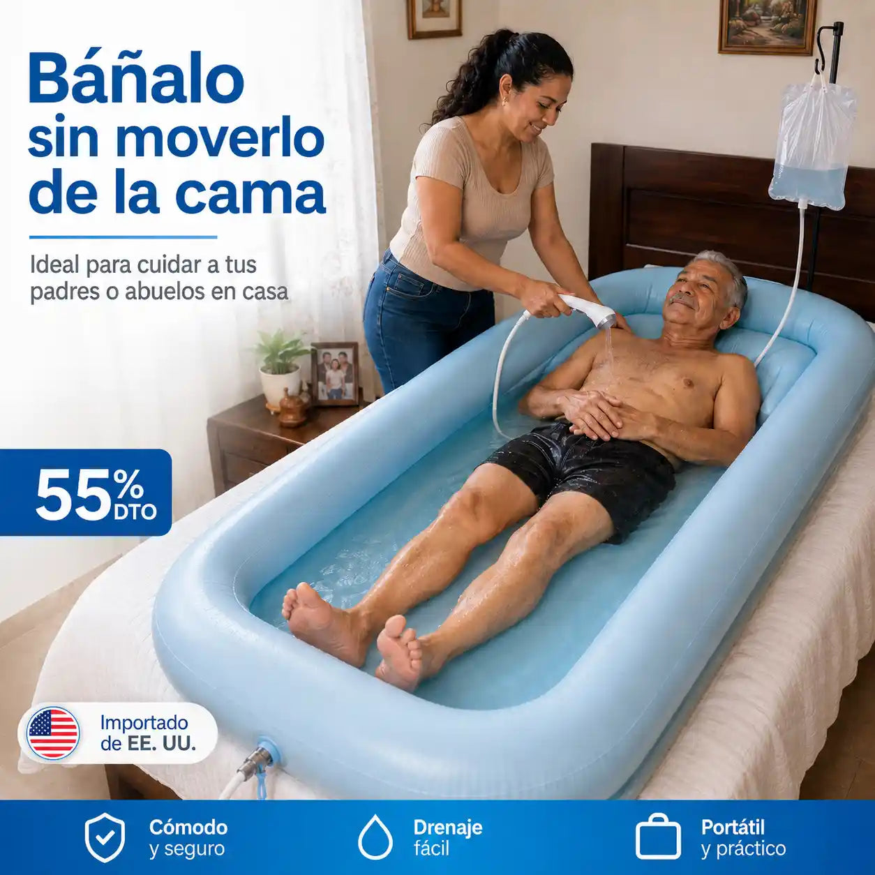MediBath® Bañera de ducha inflable médica para baño en cama