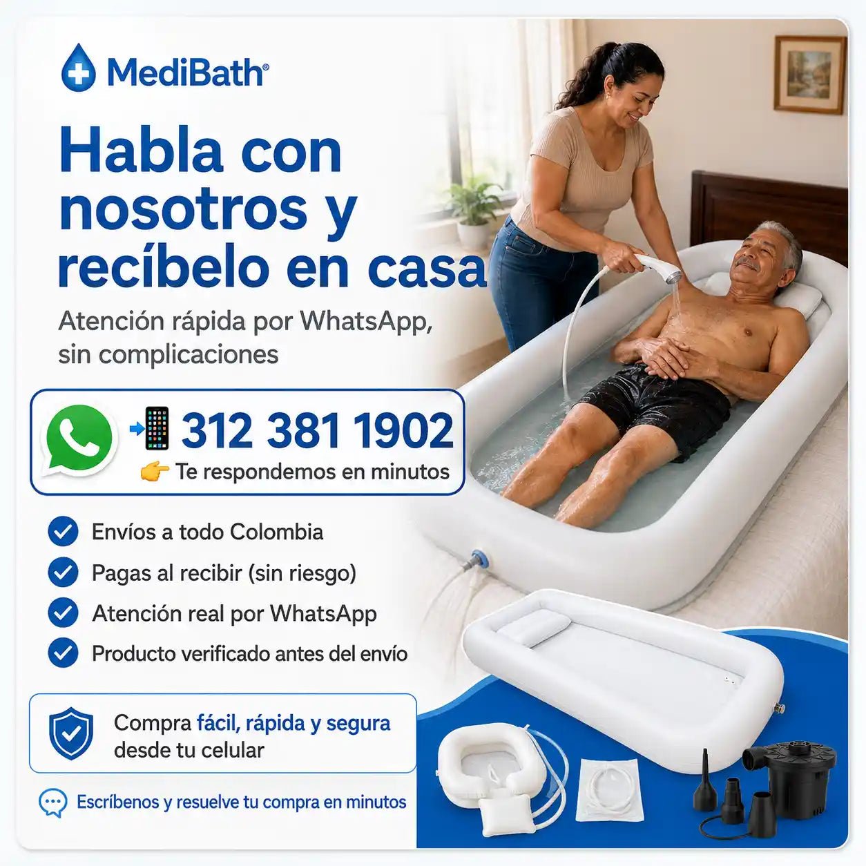 MediBath® Bañera de ducha inflable médica para baño en cama