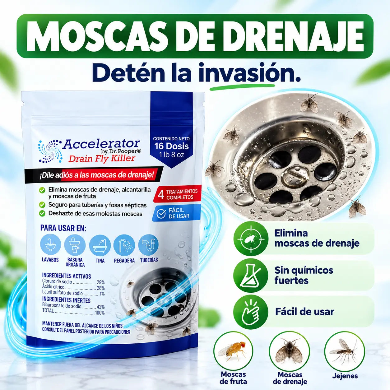 DRENEX® Polvo Exterminador para Moscas de Drenajes.