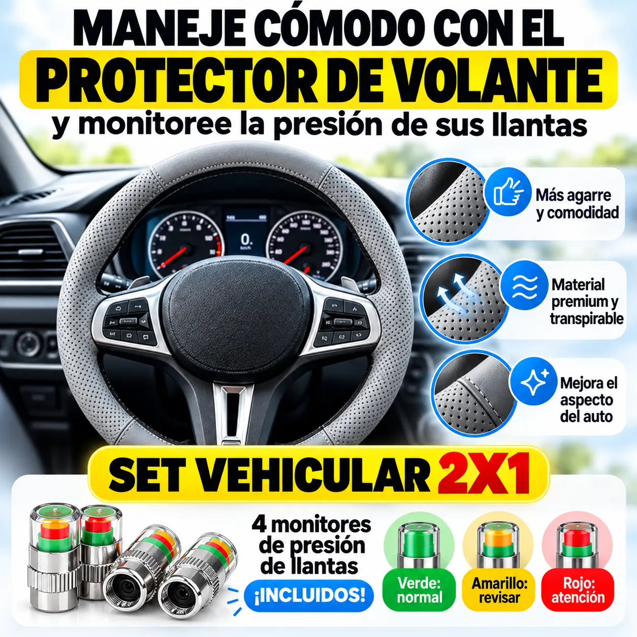 ROADIX® | Kit Monitor de presión de neumáticos + Protector Antideslizante de Volante