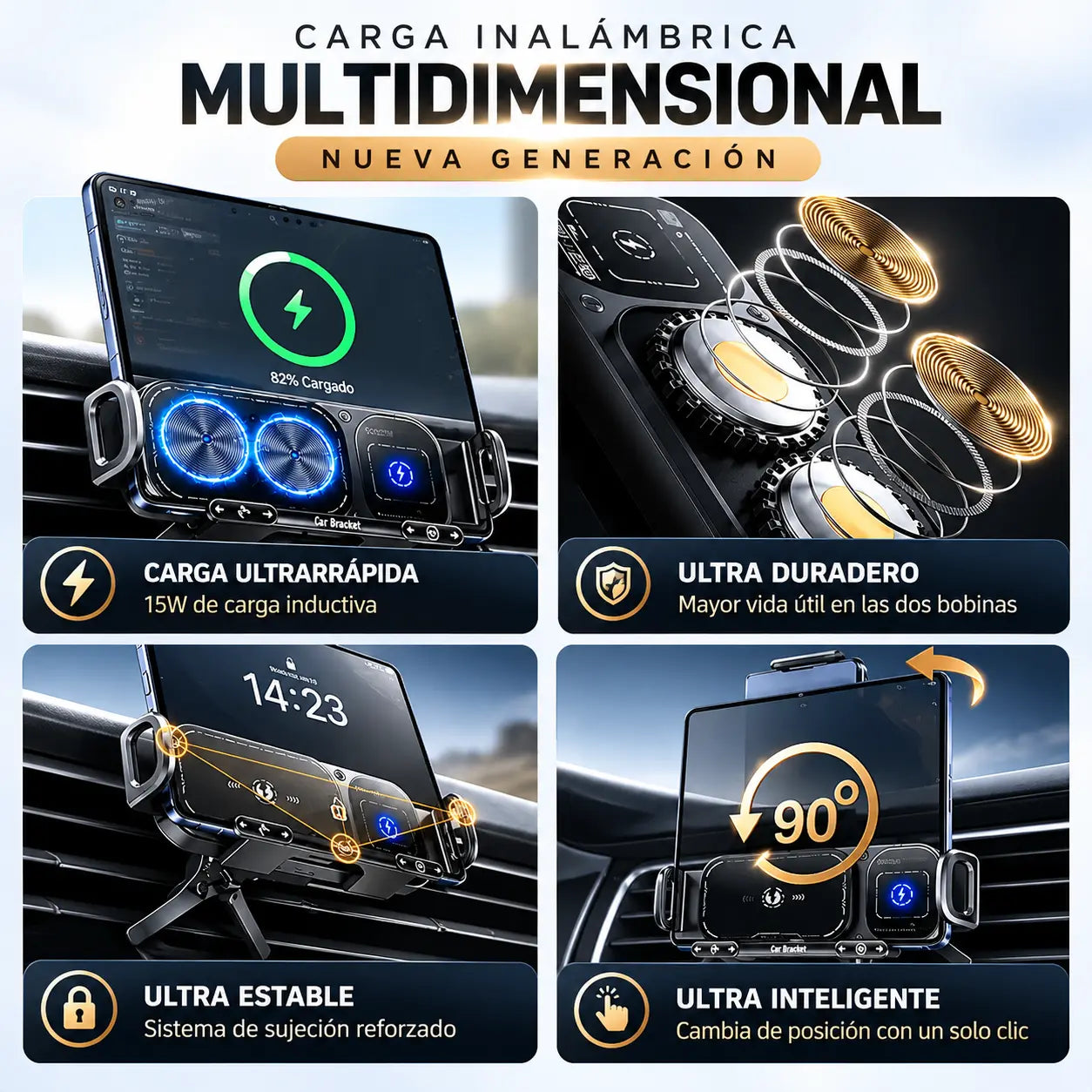 GIROX® | Soporte Inteligente para Carro con Rotación Automática de 90° y Carga Inalámbrica.