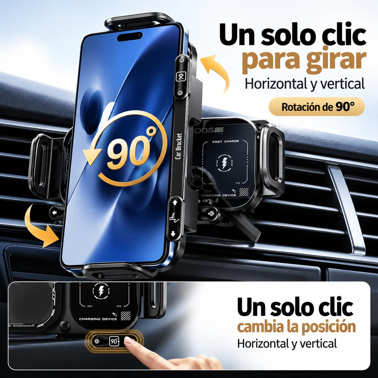 GIROX® | Soporte Inteligente para Carro con Rotación Automática de 90° y Carga Inalámbrica.