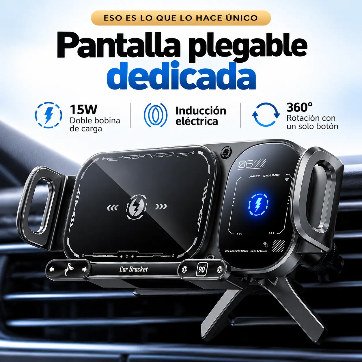 GIROX® | Soporte Inteligente para Carro con Rotación Automática de 90° y Carga Inalámbrica.