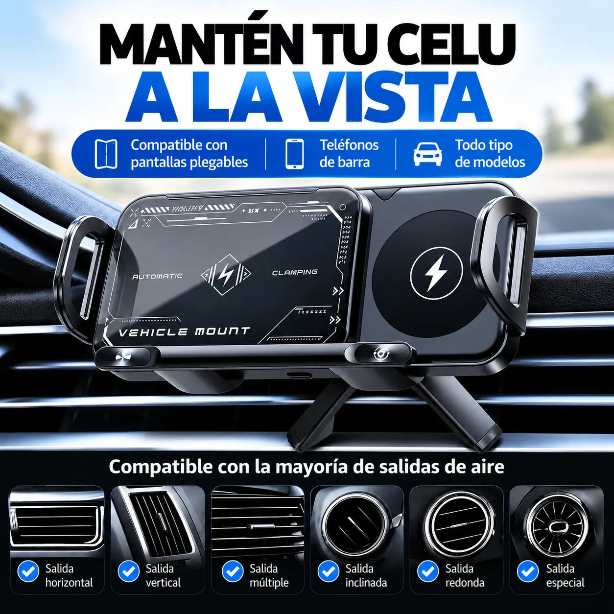 GIROX® | Soporte Inteligente para Carro con Rotación Automática de 90° y Carga Inalámbrica.
