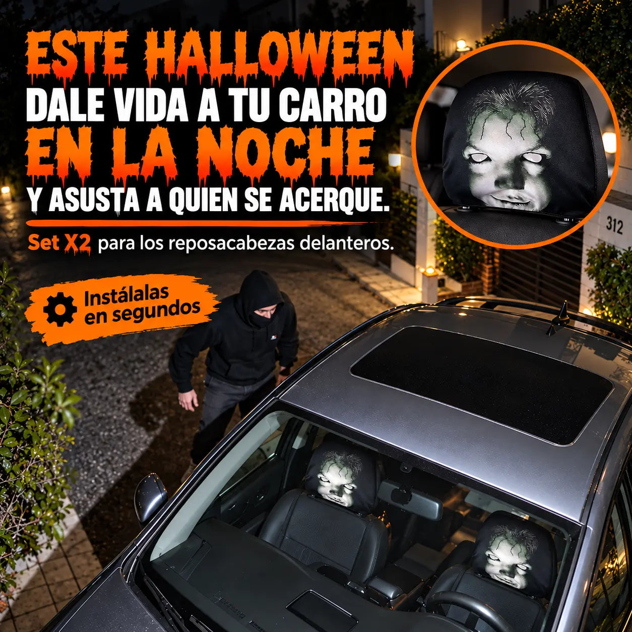 Halloboo® Fundas de Terror para Reposacabezas de carros en Halloween X2