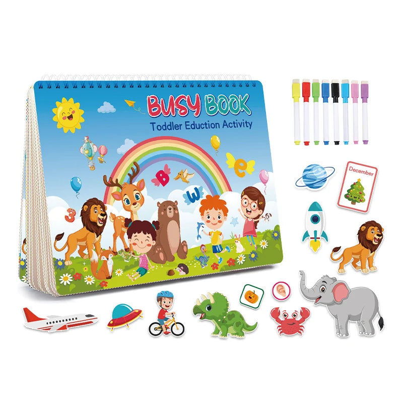 Montessorix® Libro de Entretenimiento Educativo 16 temas, actividades reutilizables + 8 marcadores borrables para niños desde 2 años