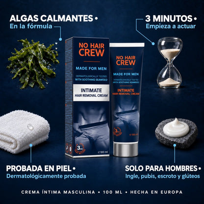Qué tiene NO HAIR CREW: algas calmantes, actúa desde 3 minutos, dermatológicamente probada, solo para hombres