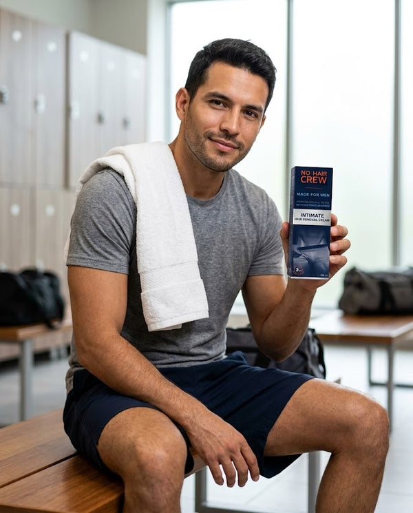 Hombre en el vestuario del gimnasio con la caja NO HAIR CREW (foto ilustrativa)