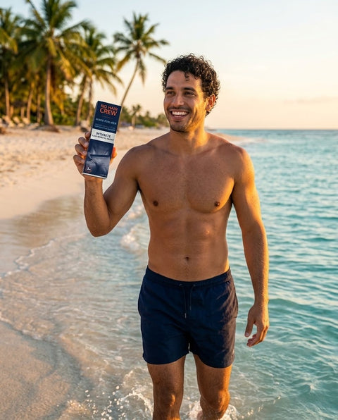 Hombre saliendo del mar con la caja NO HAIR CREW (foto ilustrativa)