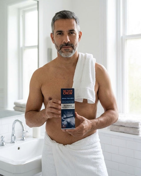 Hombre en el baño con la caja NO HAIR CREW (foto ilustrativa)