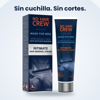 Caja y tubo NO HAIR CREW, crema depilatoria íntima para hombre: sin cuchilla, sin cortes