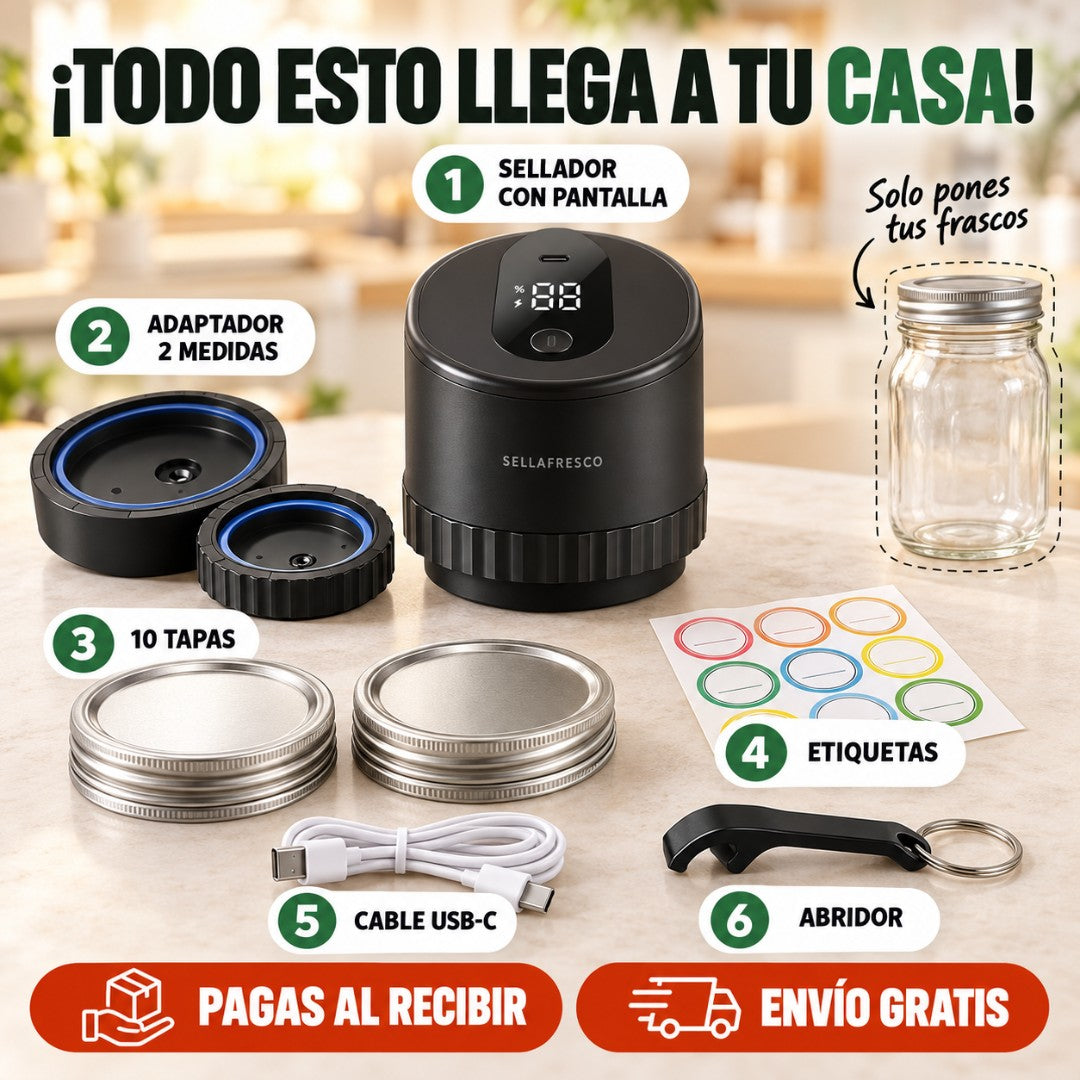 Todo lo que trae el kit SELLAFRESCO: sellador con pantalla, adaptador de 2 medidas, 10 tapas, etiquetas, cable USB-C y abridor. Los frascos los pones tú