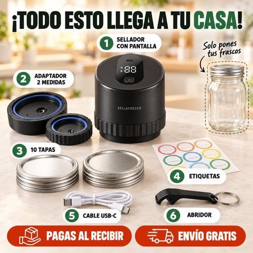 Todo lo que trae el kit SELLAFRESCO: sellador con pantalla, adaptador de 2 medidas, 10 tapas, etiquetas, cable USB-C y abridor. Los frascos los pones tú
