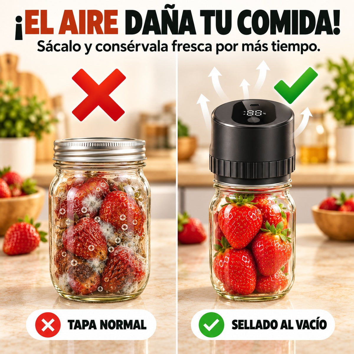 El aire daña tu comida: fresas con tapa normal vs selladas al vacío