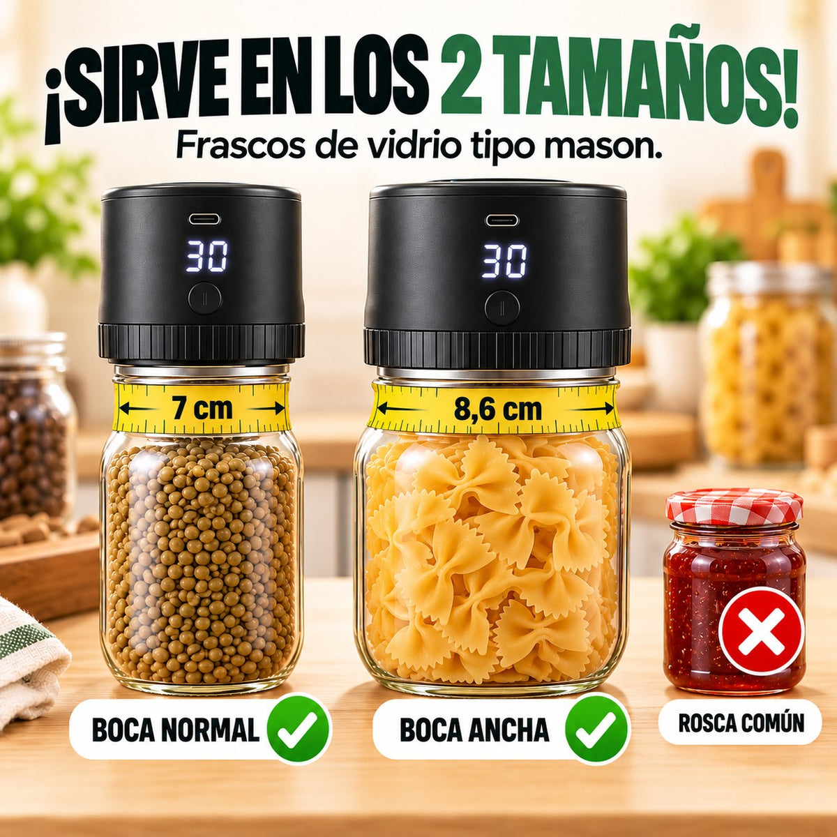Sirve en frascos tipo mason de boca normal (7 cm) y ancha (8,6 cm)
