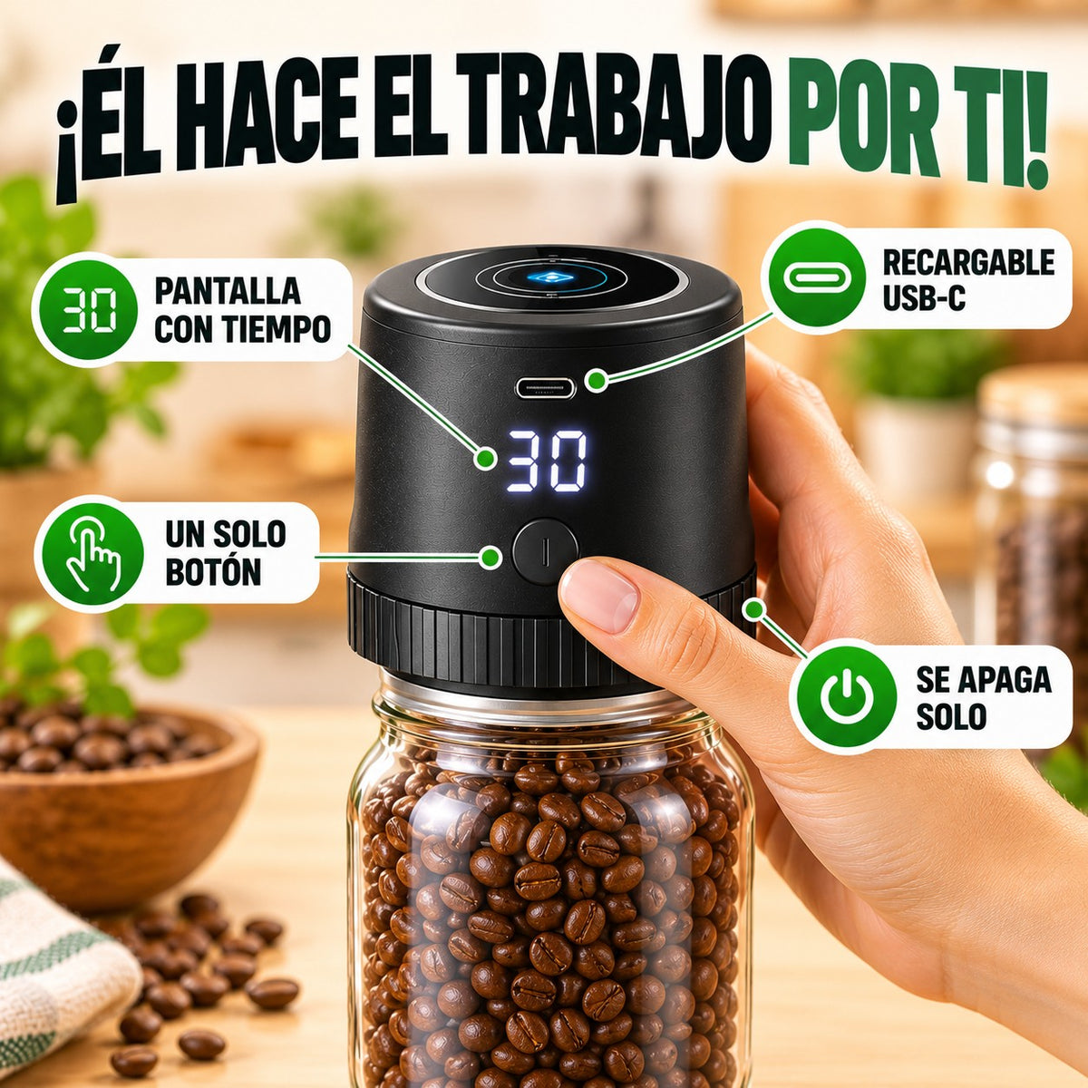 El sellador: pantalla con tiempo, un solo botón, recargable USB-C, se apaga solo