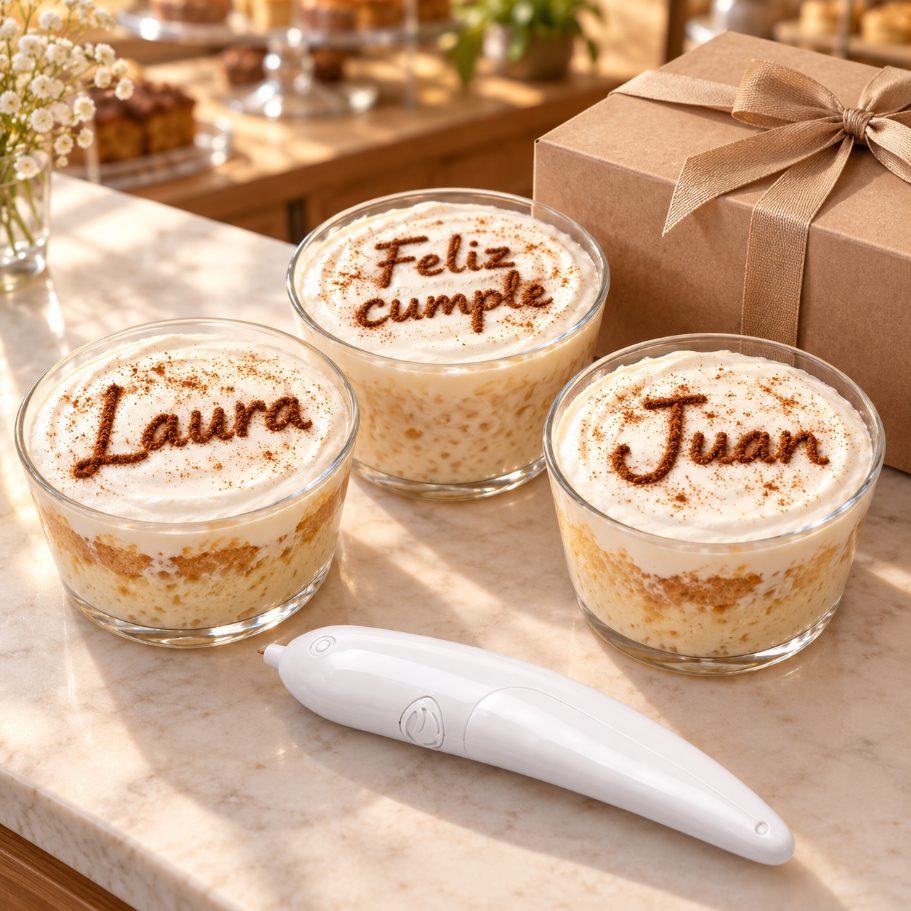 Postres en vaso con los nombres Laura y Juan escritos con canela