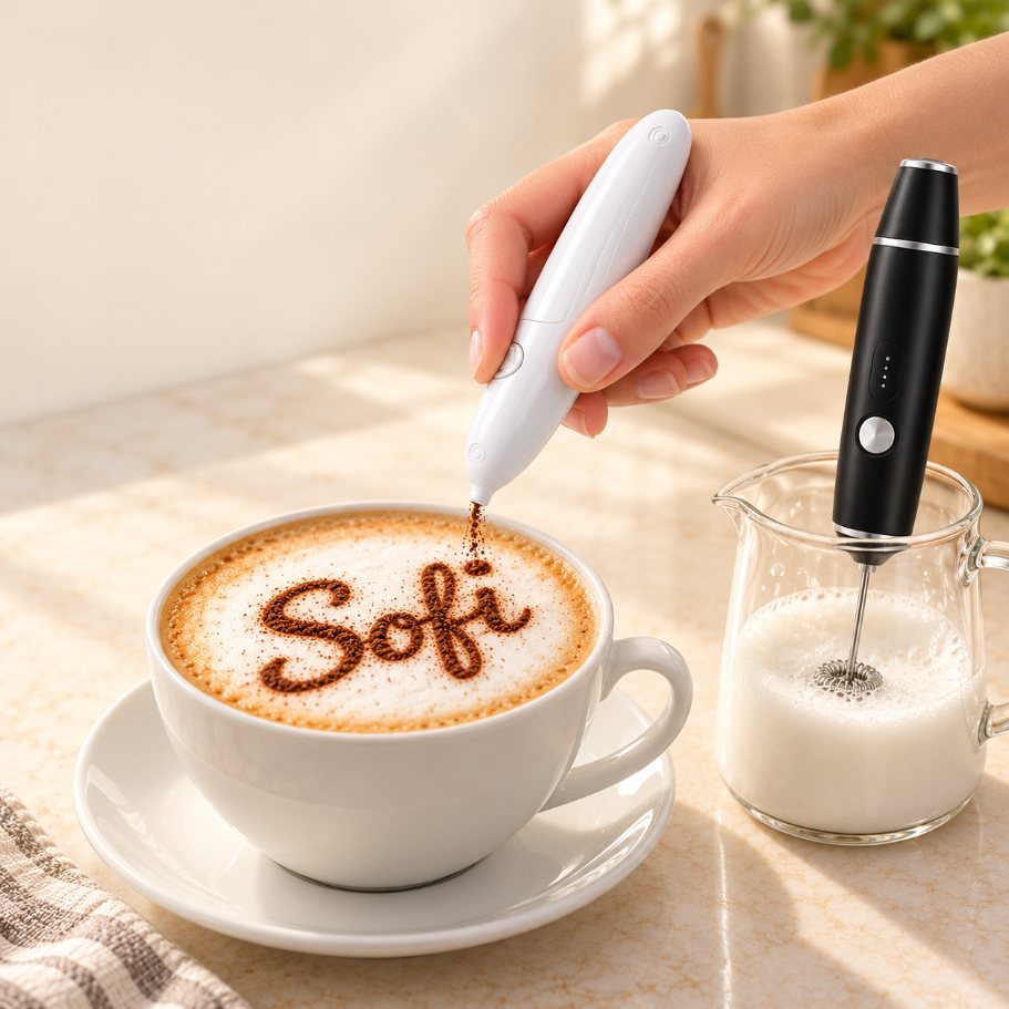 Mano escribiendo Sofi con canela sobre un capuchino con el lápiz TRAZZO; al lado, el espumador en una jarrita de leche