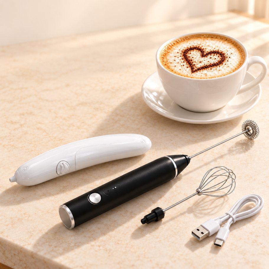 Kit Trazzo: lápiz que dibuja con canela y espumador de leche junto a un capuchino