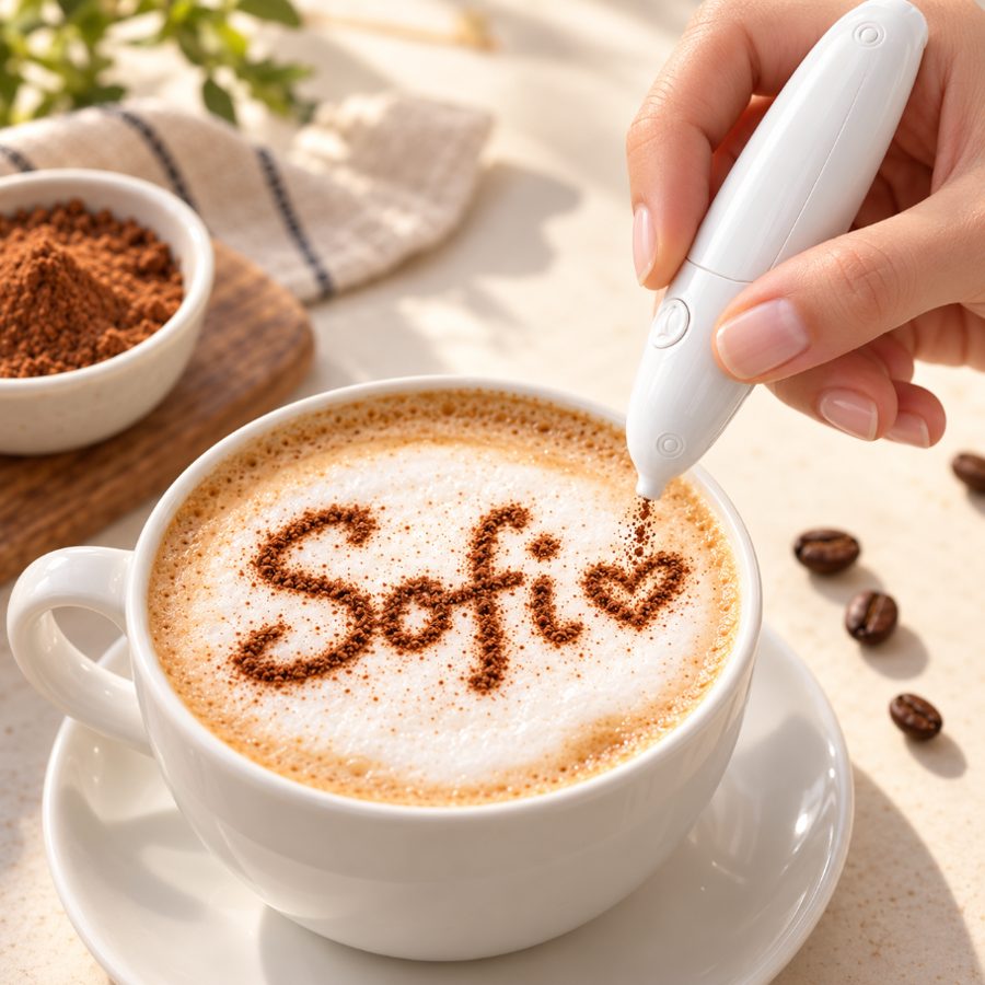 Mano escribiendo Sofi con canela sobre un capuchino